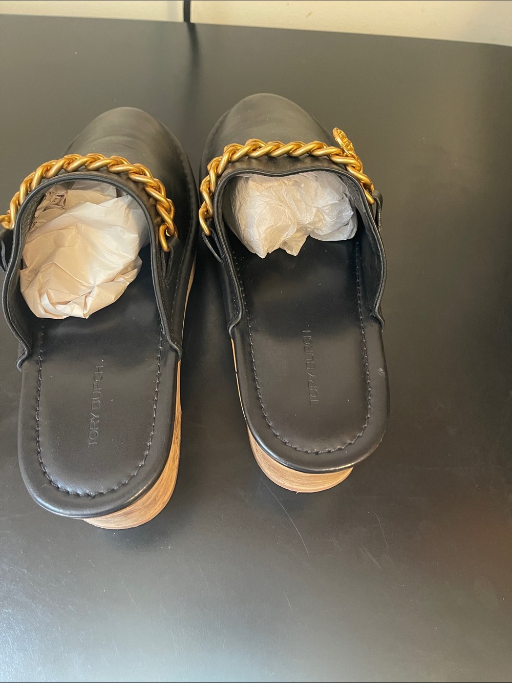 Tory Burch Black Leather Slip-On Mules with Gold Chain - Picture 5 of 8